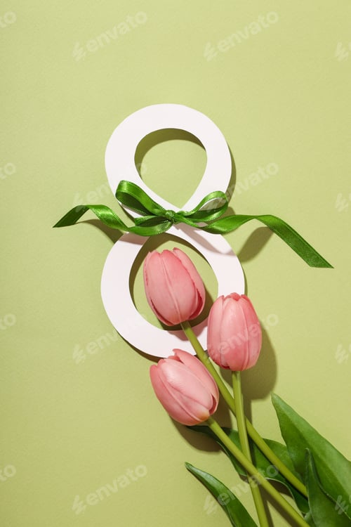 Preview: Pink tulips and a decorative eight symbol celebrate women