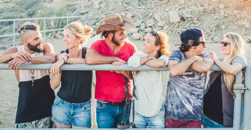 Preview: Group of diversity alternative millennial people young caucasian man and women staying together