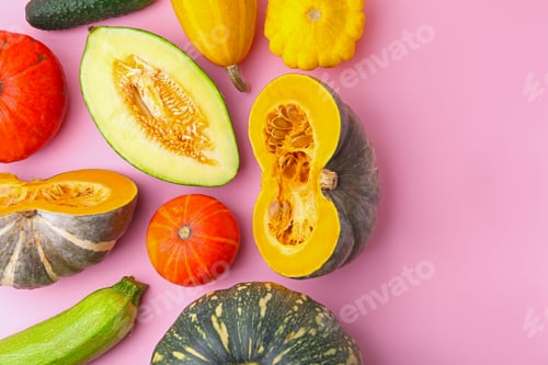 Preview: Many fresh pumpkins and other gourds on pink background, flat lay. Space for text
