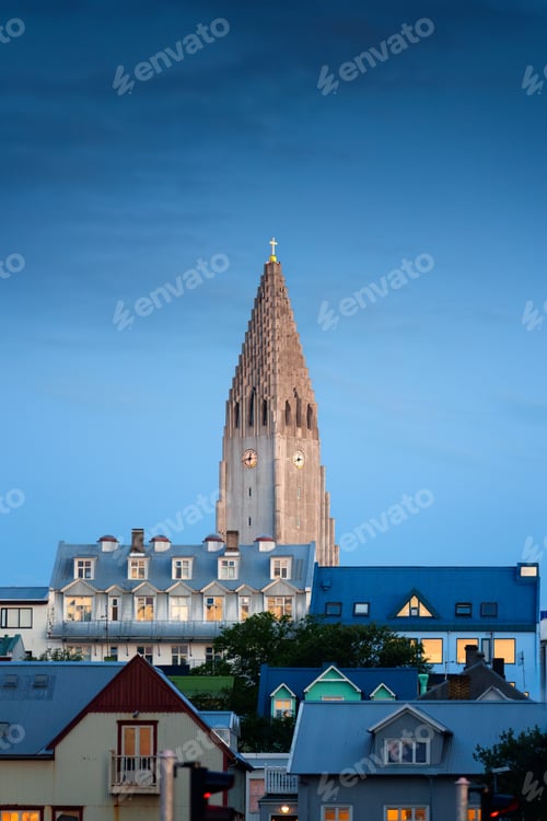 Preview: Steeple Hallgrimskirkja Lutheran parish church among the urban village in the dawn