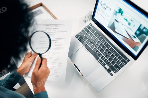 Preview: Magnifying glass, computer and woman reading document in the office for company recruitment website