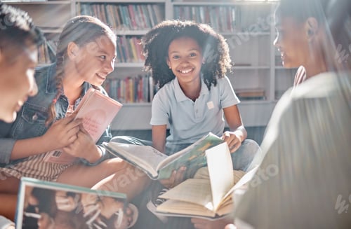 Preview: Books, storytelling or excited students in a library reading for learning development or growth. Sm