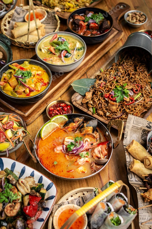 Preview: many different thai food dishes on table in modern restaurant in bangkok thailand