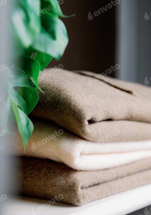 Preview: Three pieces of cashmere sweaters on a white closet with a flower.
