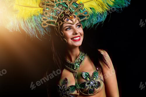 Preview: Brazilian woman posing in samba costume over black background