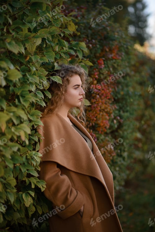 Preview: Beautiful elegant woman standing in a park in autumn