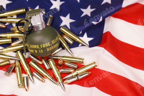 Preview: M67 frag grenade and many yellow bullets and cartridges on United States flag