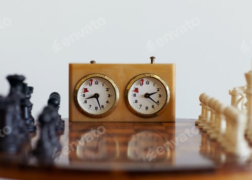 Preview: Keeping score. A cropped shot of a chess board and a timer.