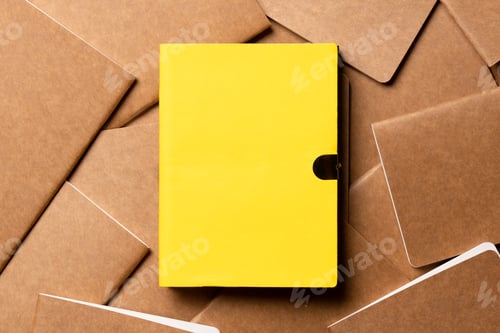 Preview: yellow notebook on brown kraft notebook disorder alignment on table