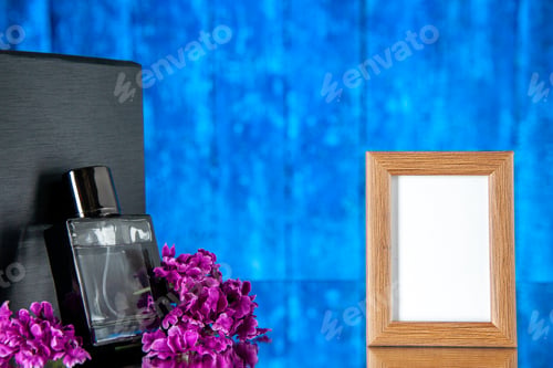 Preview: front view black expensive fragnance with picture frame on light background perfume holiday color