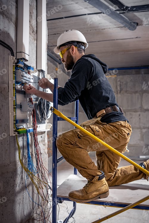 Preview: A male electrician works in a switchboard with an electrical connecting cable.