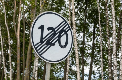 Preview: roadsign End of speed limiting one hundred twenty km zone against forest