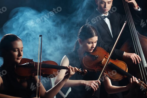 Preview: trio of musicians playing on violins and contrabass on dark stage with smoke