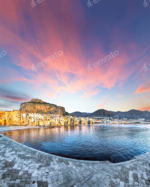 Preview: Fantastic evening cityscape of Cefalu city. Popular travel destination of Mediterranean sea.