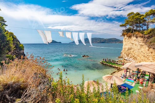 Preview: Zakynthos, Greece, Cameo island with white cloth hanging above the beach