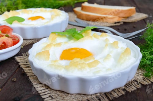 Preview: Delicate baked egg Orsini (eggs in the cloud). French breakfast.