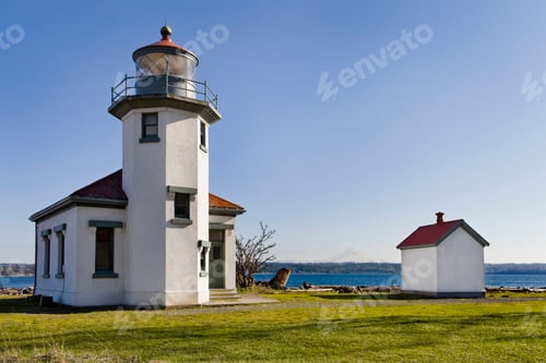 53754,Lighthouse overlooking ocean, Point Robertson, Washington, United States