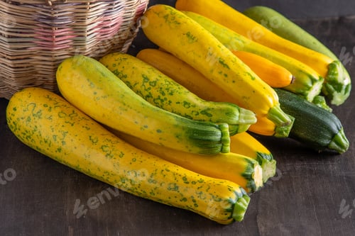 Preview: Yellow-green leopard-spotted zucchini. Vegetables on the table. Zucchini harvest.