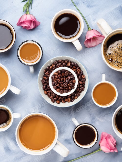 Preview: Cups and mugs of coffee and flowers