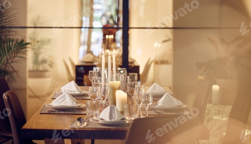Preview: Restaurant, fine dining or table in dinner celebration, birthday or new years party at luxury socia