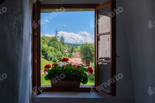 Preview: Bright flowers frame a serene view of lush greenery and blue skies from a window in Predjama Castle.