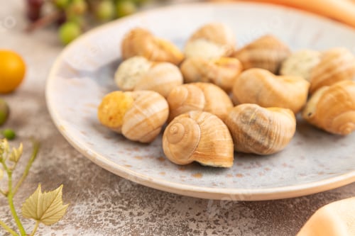 Preview: Grape (Burgundy) snails with butter and cheese on brown concrete, side view, selective focus