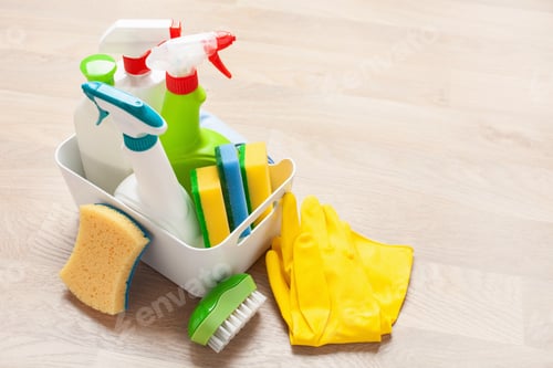 Preview: cleaning products household chemicals spray brush sponge glove