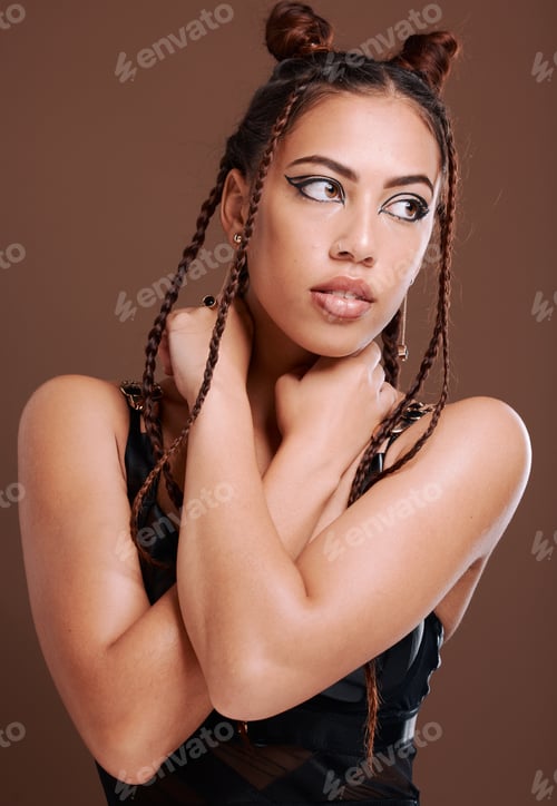 Preview: Makeup, hair and fashion model with creative eyeliner design for expression, individuality or alter