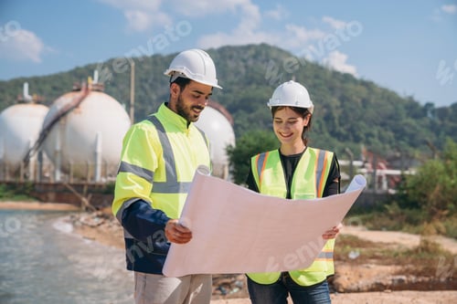 Preview: Two engineers in safety gear with blueprints discussing work in front of industrial storage tanks.