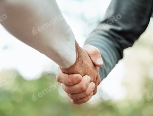 Preview: Closeup, people and shaking hands outdoor for meeting, introduction or hello in support, success or