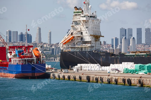 Preview: Cranes at comercial seaport. Bosphorus strait in Istanbul. Transportation Turkey