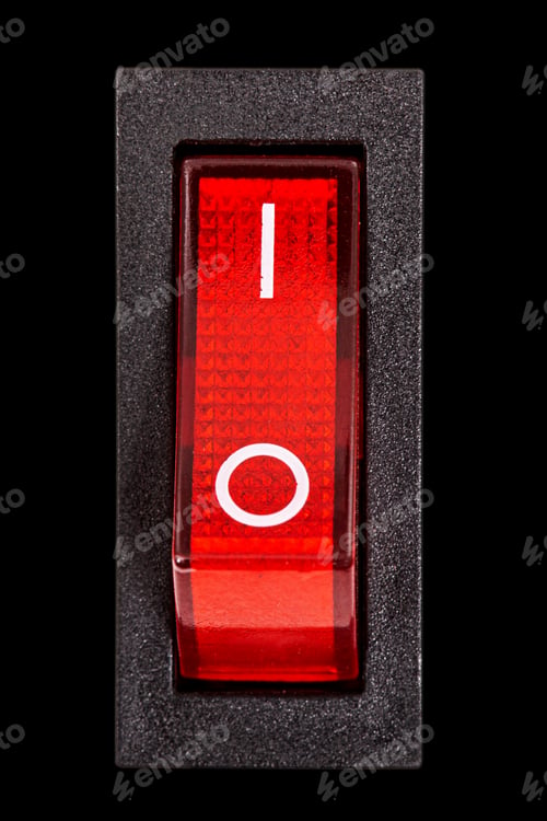 Preview: Red power switch at ON position, isolated on black background