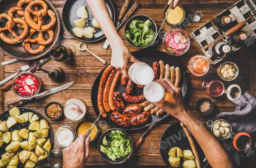 Preview: Flat-lay of dinner table with beer, Bavarian sausages and snacks