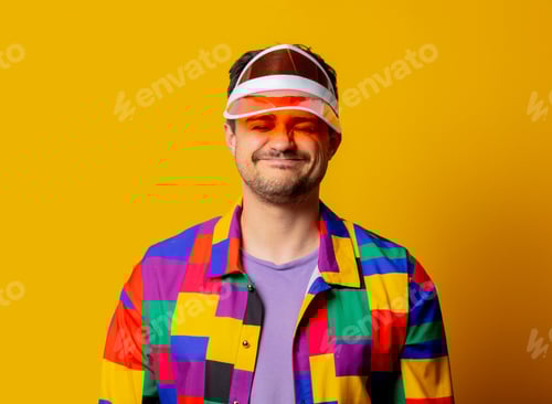 Preview: style guy in 90s shirt and hat on yellow background