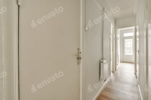 Preview: Doorway of modern apartment with white walls and parquet floor