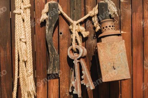 Preview: A bunch of old wooden keys hanging on a rope, close-up