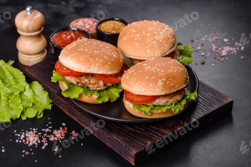 Preview: Three hamburger with beef meat burger and fresh vegetables on dark background