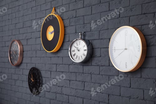 Preview: Different clocks on brick wall. Time concept