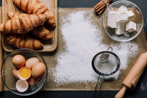 Preview: flat lay with baking paper covered by flour, croissants and ingredients on table