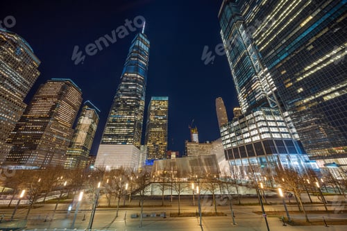 Preview: New York Cityscape with 911 memorial at twilight time, United States of America, USA