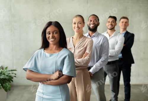 Preview: Business Team. Black Female Boss Posing With Her Employees In Office