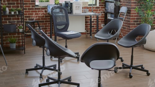 Preview: Empty aa meeting group therapy space with chairs in circle