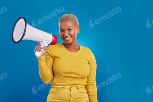 Preview: Black woman, megaphone and portrait, protest and voice, freedom of speech and activism on blue back