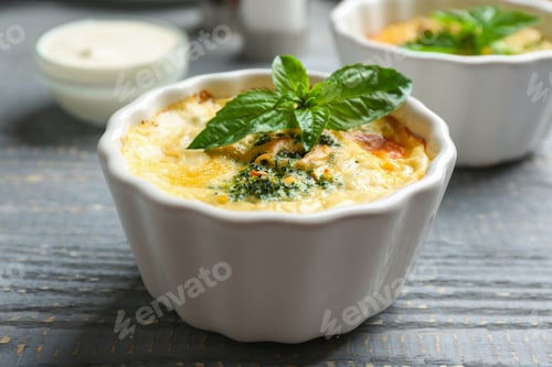 Preview: Tasty broccoli casserole in ramekin on wooden table, closeup