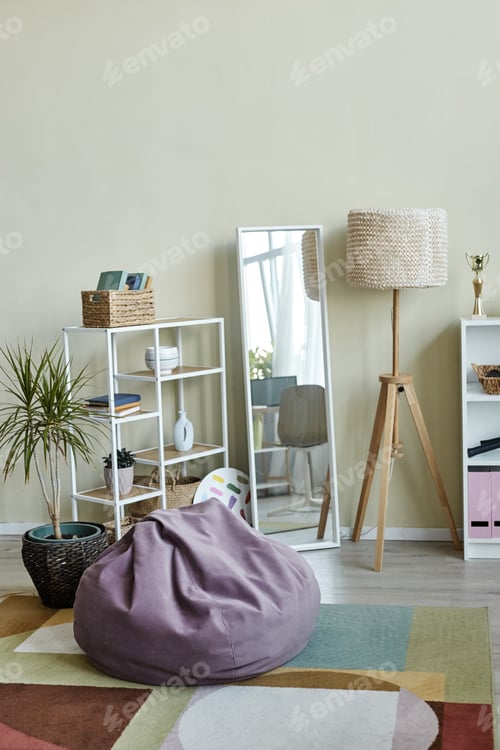 Preview: Background playful home interior in pastel muted colors with comfy bean bag