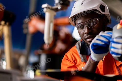 Preview: A team engineers meeting to inspect computer-controlled steel welding robots.
