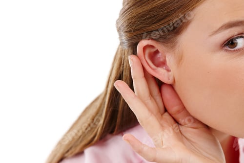 Preview: Woman, ear and listening to news, gossip and gesture as spy to hear serious whispers in secret. Cur