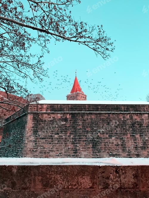Preview: Top of Ancient Tower in Winter with Flying Birds