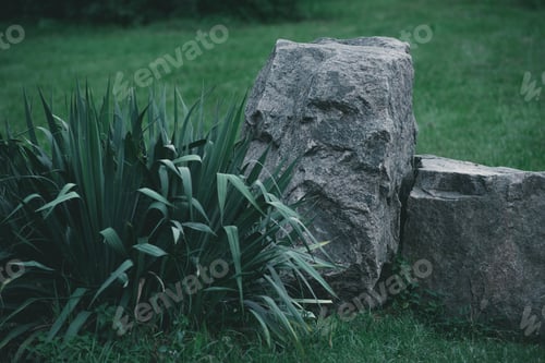 Preview: decorative bush and rocks on meadow in botanical garden