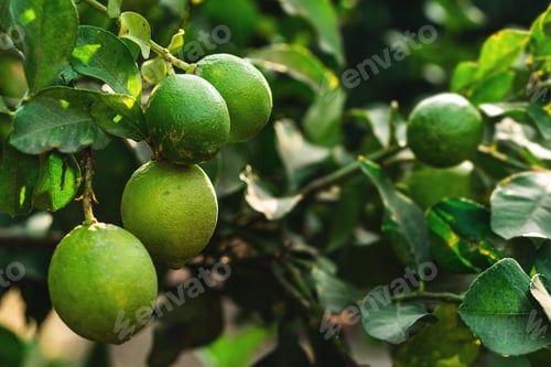 Preview: Ripe green lemons on the small evergreen tree